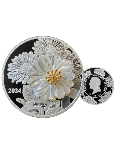 DAISY Mother of Pearl 2 Oz Silver Coin 5$ Solomon Islands 2024 - Coins & More - Îles Salomons