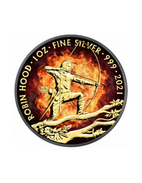 BURNING ROBIN HOOD - Burning Myths and Legends 1 Oz Silver Colorized Coin 2 Pounds 2021 - Coins & More - United Kingdom