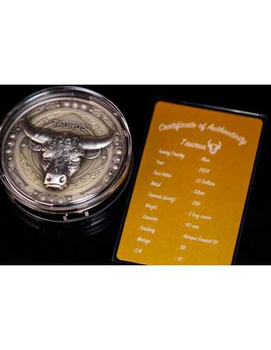TAURUS Twelve Zodiac Signs 5 Oz UV and Glow in Dark Silver Coin 12$ Dollars Niue 2024 - Coins & More - Chad