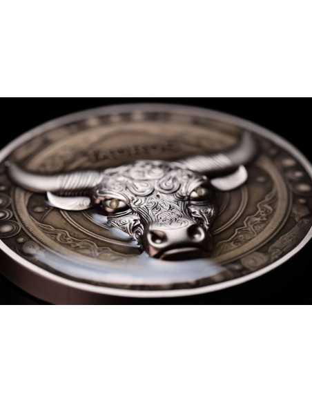 TAURUS Twelve Zodiac Signs 5 Oz UV and Glow in Dark Silver Coin 12$ Dollars Niue 2024 - Coins & More - Chad