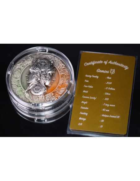 GEMINI Twelve Zodiac Signs 5 Oz UV and Glow in Dark Silver Coin 12$ Dollars Niue 2024 - Coins & More - Chad
