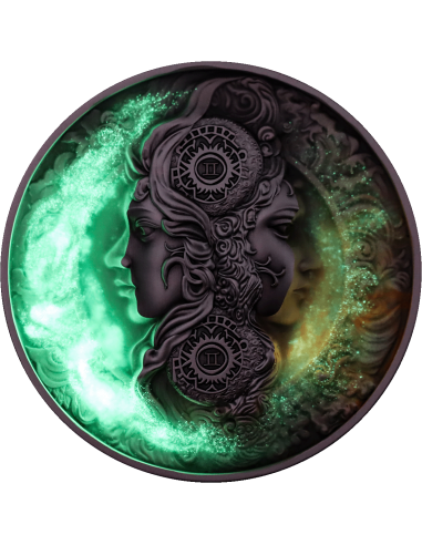 GEMINI Twelve Zodiac Signs 5 Oz UV and Glow in Dark Silver Coin 12$ Dollars Niue 2024 - Coins & More - Chad