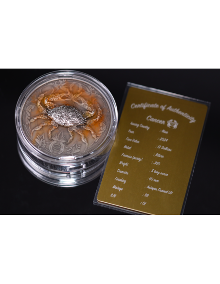 CANCER Twelve Zodiac Signs 5 Oz UV and Glow in Dark Silver Coin 12$ Dollars Niue 2024 - Coins & More - Chad