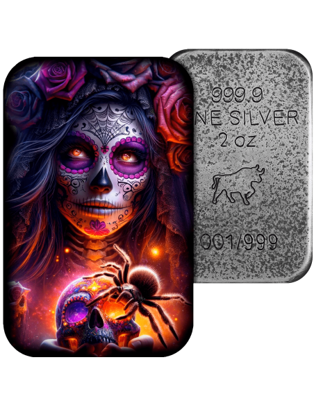 DIA DE LOS MUERTOS SPIDER Premium Cast Bar 2 Oz Silver - Coins & More - Argent
