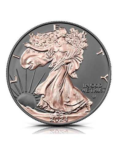SILVER EAGLE ROSE GOLD HER MAJESTY 1 Oz Silver & Ruthenium Coin 1$ Dólar USA 2024 - Coins & More - Usa