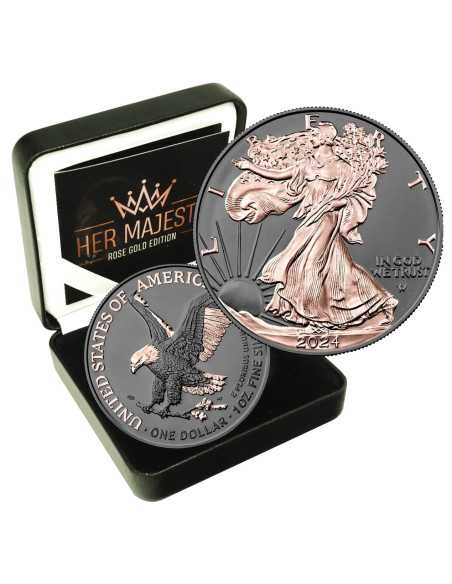 SILVER EAGLE ROSE GOLD HER MAJESTY 1 Oz Silver & Ruthenium Coin 1$ Dólar USA 2024 - Coins & More - Usa