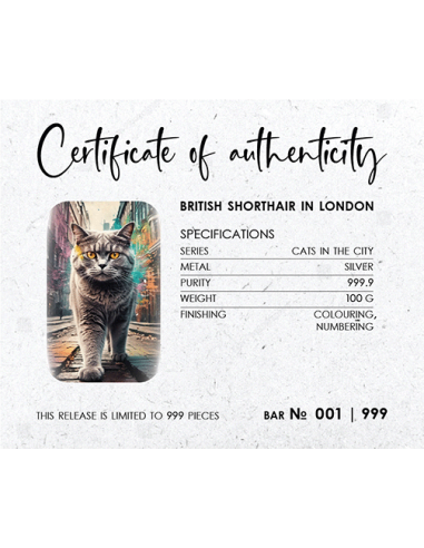 BRITISH SHORTHAIR IN LONDON Cats in the City Premium Cast Bar 100g Silver - Coins & More - Silver