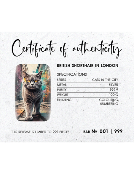 BRITISH SHORTHAIR IN LONDON Cats in the City Lingote de plata fundida de primera calidad 100 g - Coins & More - Plata