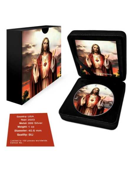 JESUCRISTO CORAZON SAGRADO Moneda de Plata de 1 Oz Coloreada 1$ USA 2023 - Coins & More - Usa
