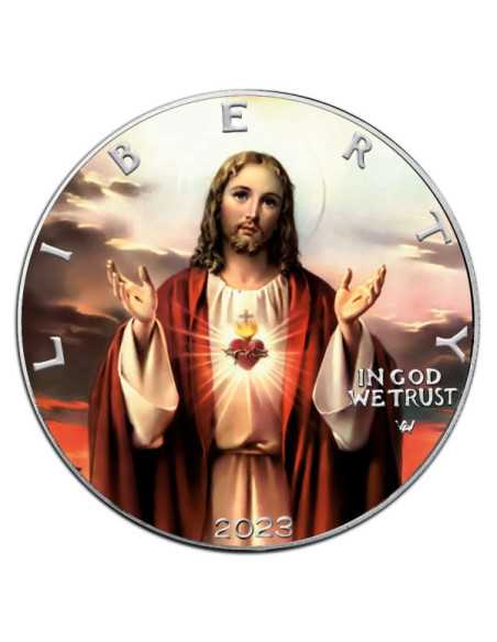 JESUCRISTO CORAZON SAGRADO Moneda de Plata de 1 Oz Coloreada 1$ USA 2023 - Coins & More - Usa