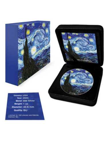 STARRY NIGHT Vincent Van Gogh 1 Oz Silber kolorierte Münze 1$ USA 2024 - Coins & More - Usa