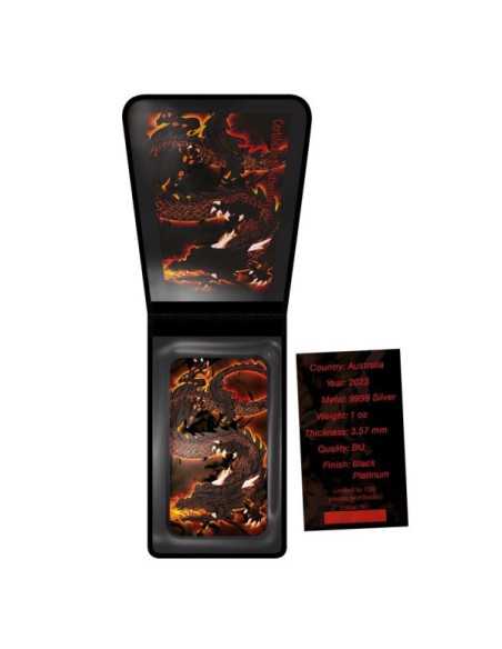 DRAGON NOIR BRÛlant Barre colorée 1 Oz Argent & Platine Pièce 1$ Australie 2023 - Coins & More - Australie