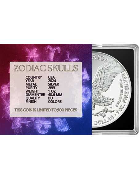 SCORPIO Sternzeichen Totenköpfe Zeichen American Eagle 1 Oz Silbermünze 1$ USA 2024 - Coins & More - Usa