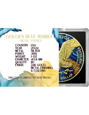 GOLDEN BLUE MARBLE Metal Stones 1 Oz Silbermünze 1$ USA 2024 - Coins & More - Usa