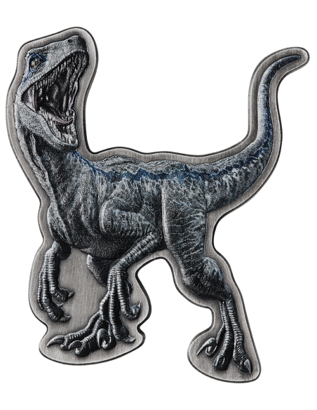 VELOCIRAPTOR SHAPED JURASSIC WORLD 2 Oz Silver Antique Coin 5$ Dollars Niue 2021 - Coins & More - Niue