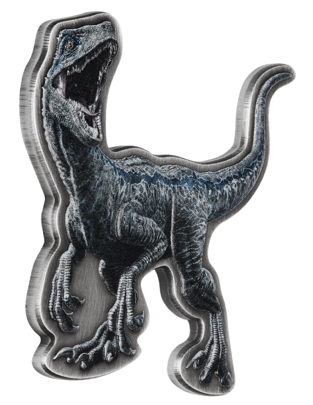 VELOCIRAPTOR SHAPED JURASSIC WORLD 2 Oz Silver Antique Coin 5$ Dollars Niue 2021 - Coins & More - Niue