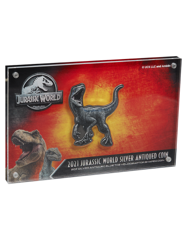 VELOCIRAPTOR SHAPED JURASSIC WORLD 2 Oz Silver Antique Coin 5$ Dollars Niue 2021 - Coins & More - Niue