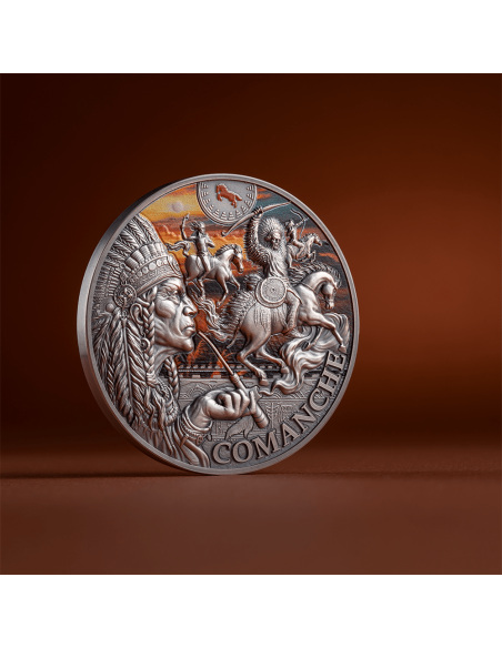 COLORIZED COMANCHE Stammesgeist 2 Oz Silbermünze 2000 Francs Kamerun 2024 - Coins & More - Kamerun