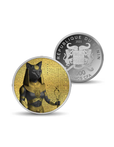 BASTET Oscuridad Dorada de Egipto 1 Oz Moneda de Plata 1000 Francos Benin 2024 - Coins & More - Africa