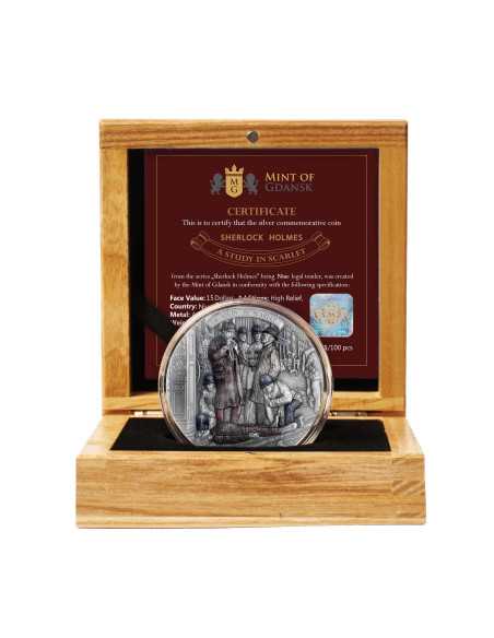 A STUDY IN SCARLET Sherlock Holmes Moneta d'argento da 200 g 15$ Niue 2024 - Coins & More - Niue