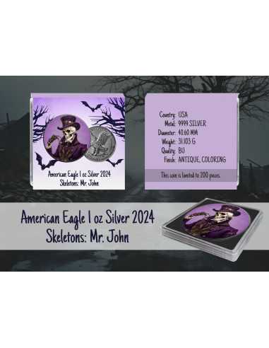 MR JOHN Skeletons American Eagle 1 Oz Silver Coin 1$ USA 2024 - Coins & More - Usa