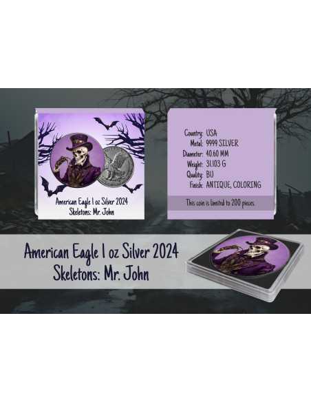 MR JOHN Skeletons American Eagle 1 Oz Silver Coin 1$ USA 2024 - Coins & More - Usa