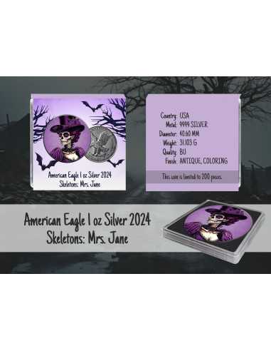 MRS JANE Scheletri Moneta d'argento da 1 Oz dell'Aquila Americana 1$ USA 2024 - Coins & More - Usa